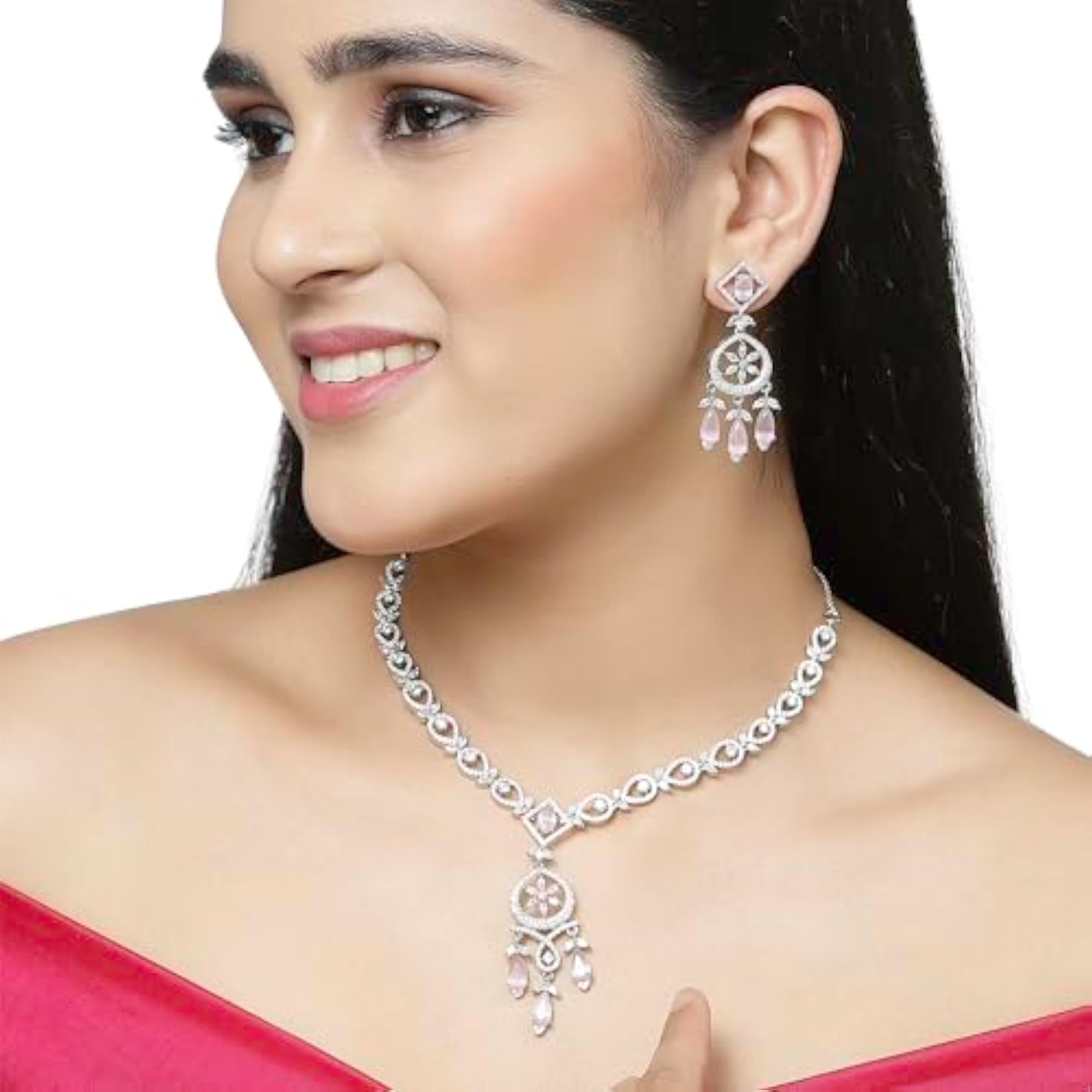 Rhodium-Plated Teardrops American Diamonds Necklace Set